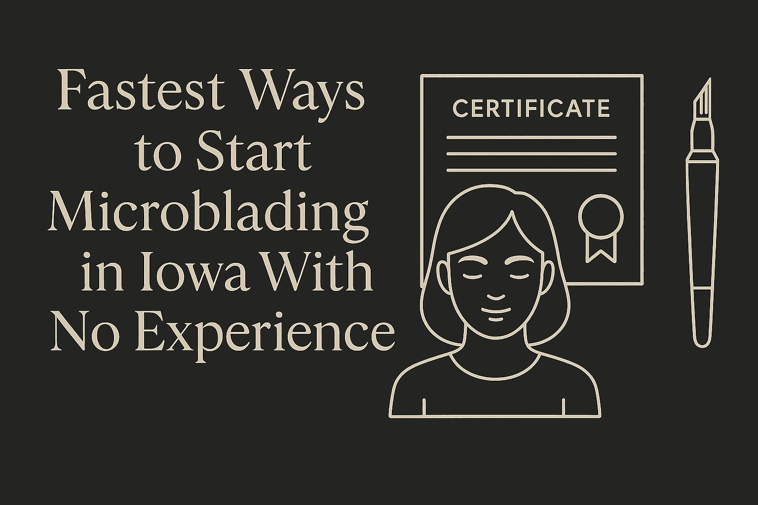Cover image with the title “Fastest Ways to Start Microblading in Iowa With No Experience.” Illustration shows a woman’s face, a certificate, and a microblading pen, symbolizing training and certification.